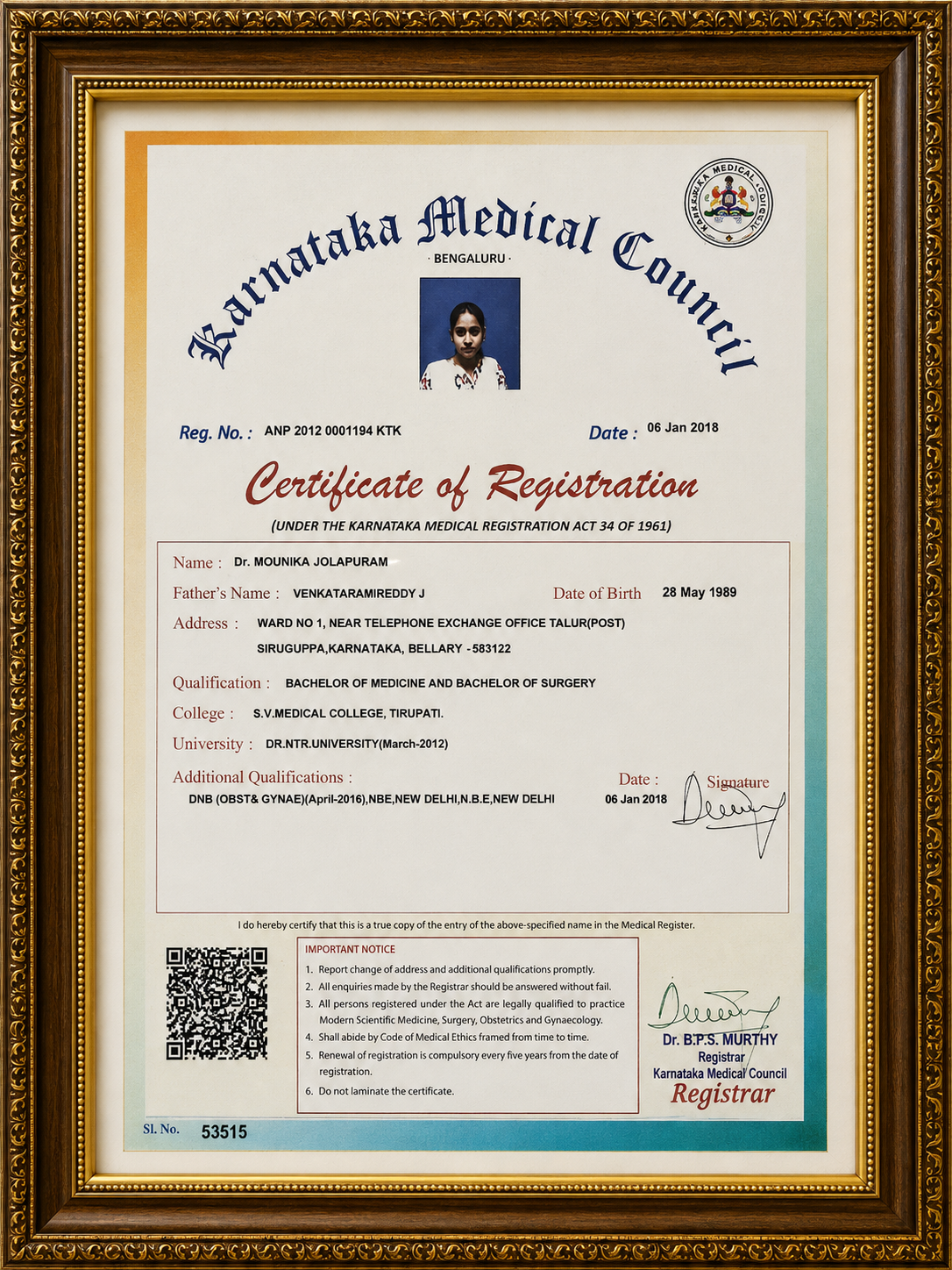 Certificate of Dr. Mounika