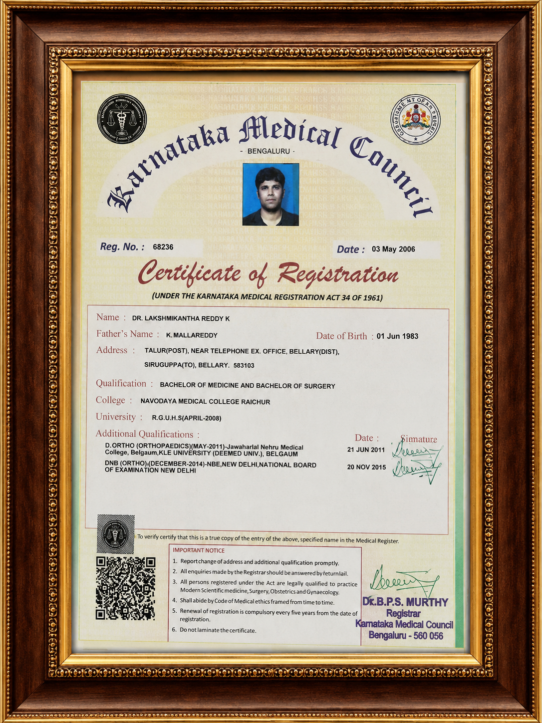 Certificate of Dr. Lakshmikantha Reddy K